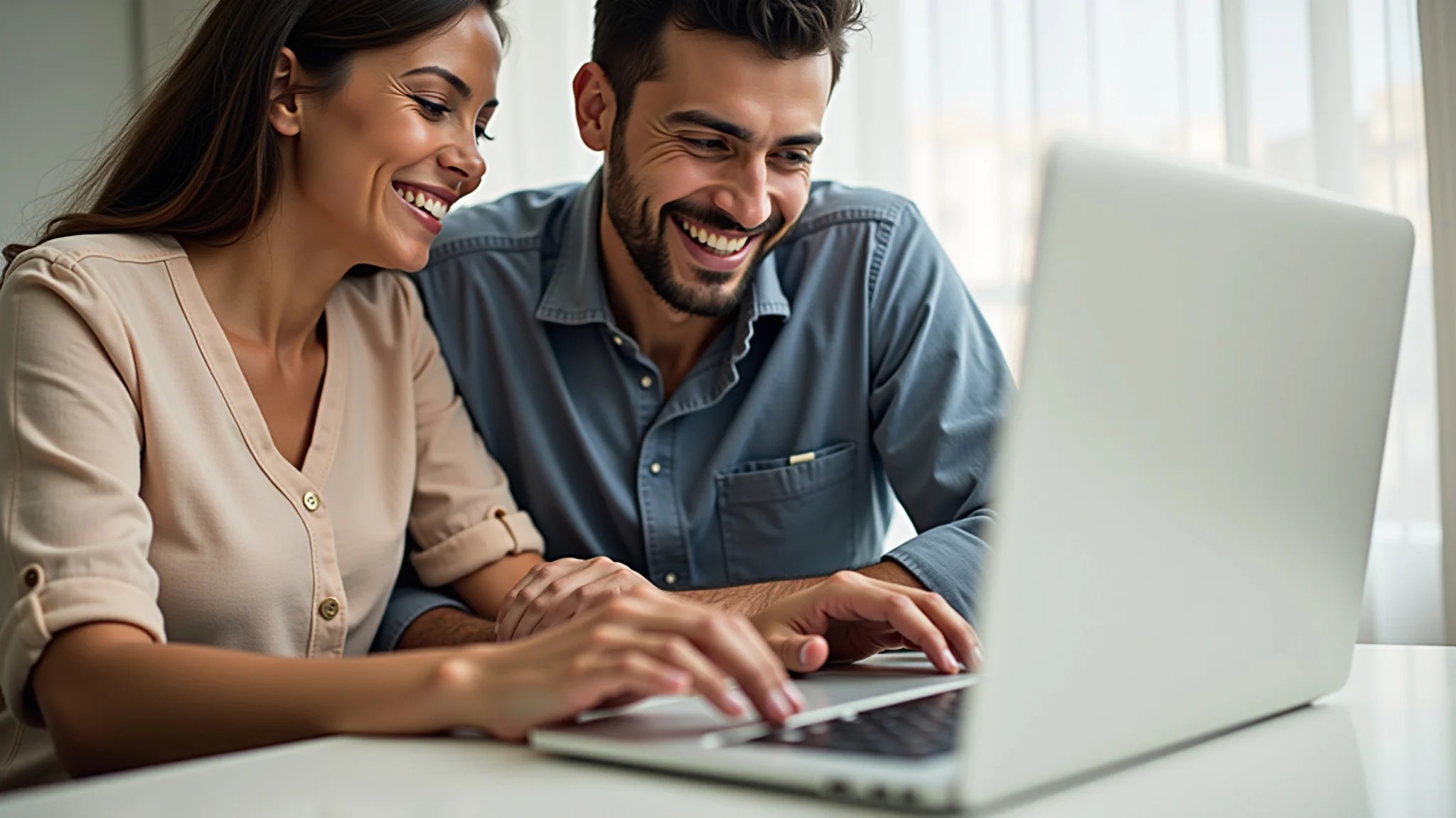 Casal sorrindo preenche formulário de casamento online no laptop.