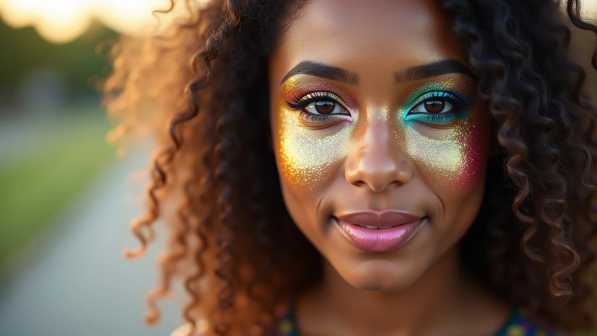 Close-up de mulher jovem com maquiagem de glitter vibrante para o carnaval.
