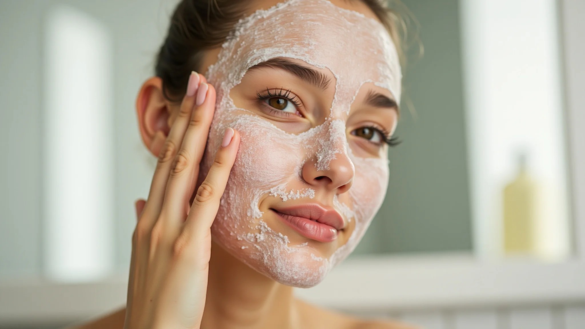 Mulher jovem aplicando esfoliante facial caseiro no banheiro com foco na pele radiante.