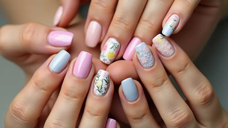 Close-up de mãos com nail art primaveraverão 2026 tons pastel, flores e cores vibrantes.