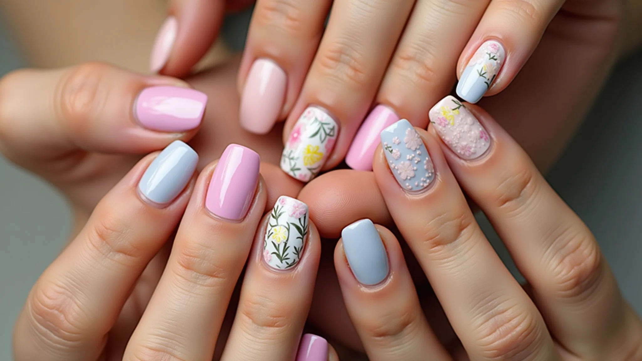 Close-up de mãos com nail art primaveraverão 2026 tons pastel, flores e cores vibrantes.