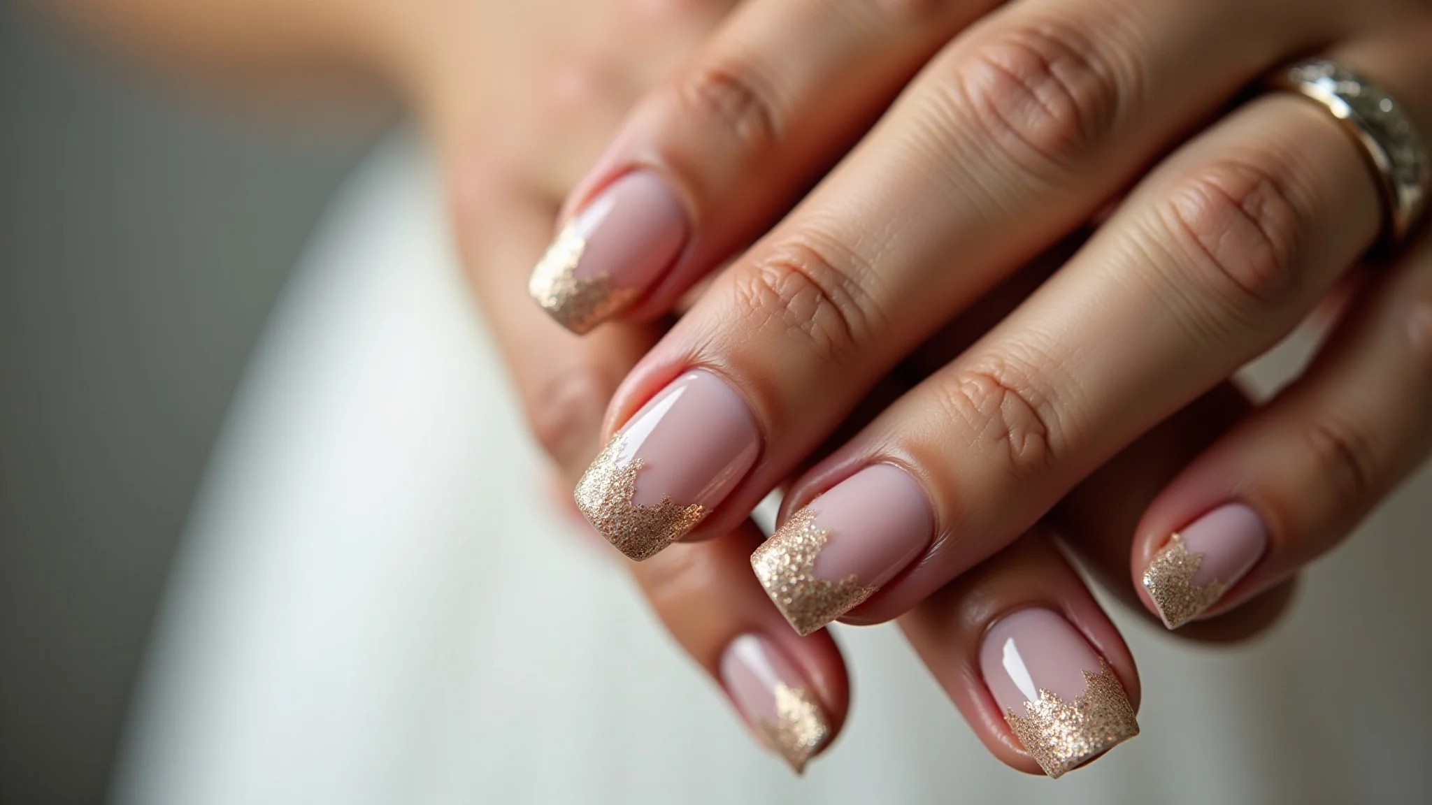 Unhas nude elegantes com detalhes delicados em glitter dourado para madrinha.