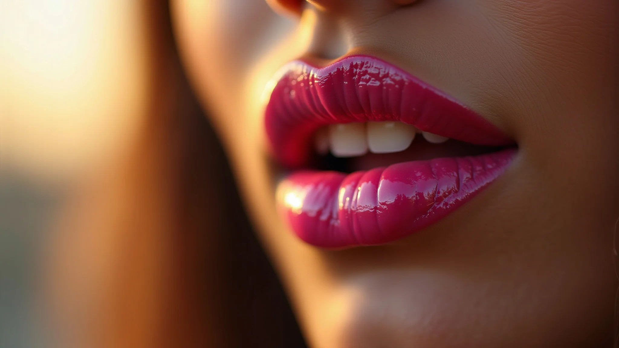 Close-up de lábios com batom líquido rosa vibrante, luz suave da hora dourada.