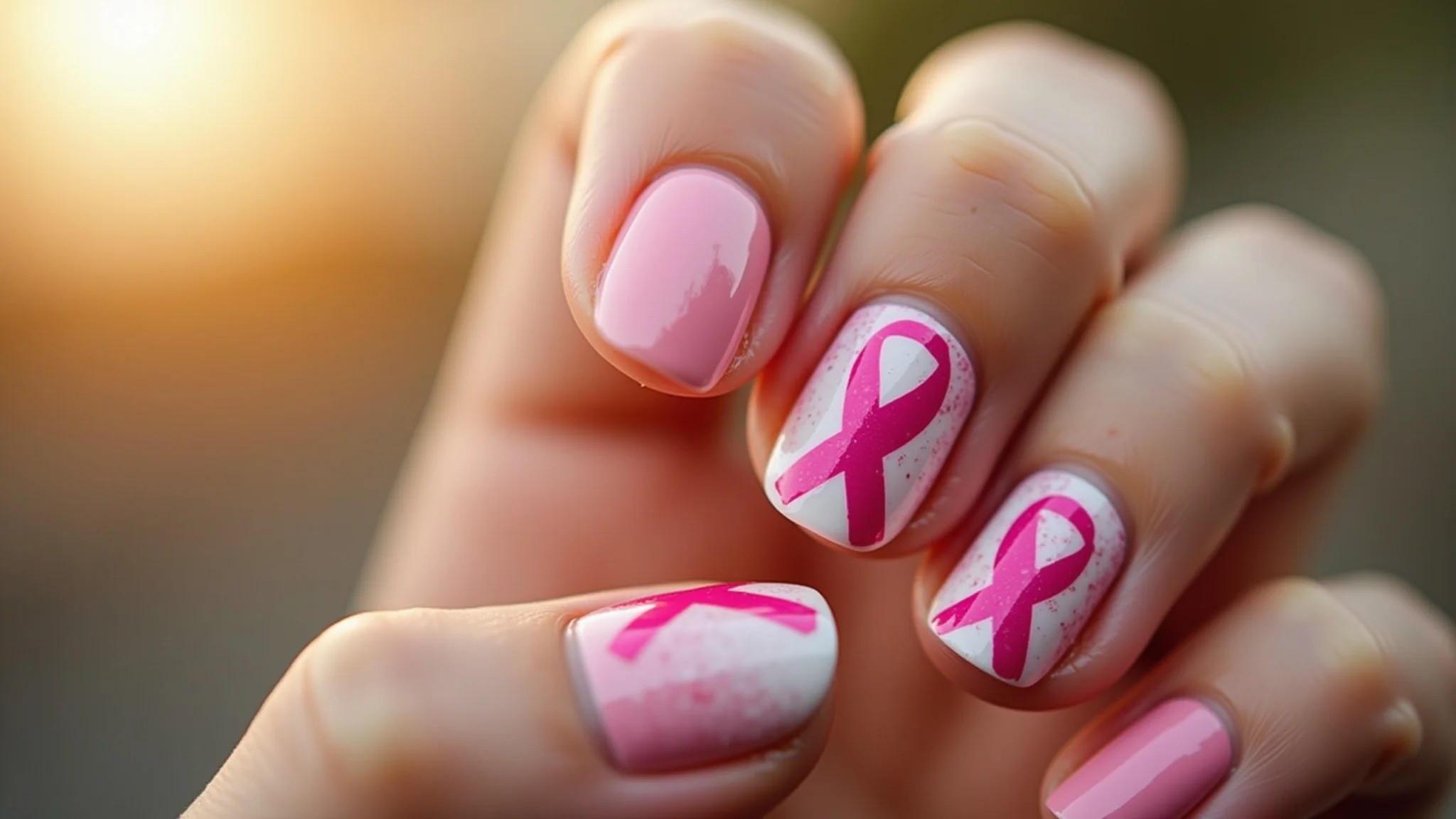Unhas decoradas com laço rosa, símbolo do Outubro Rosa, em close-up.