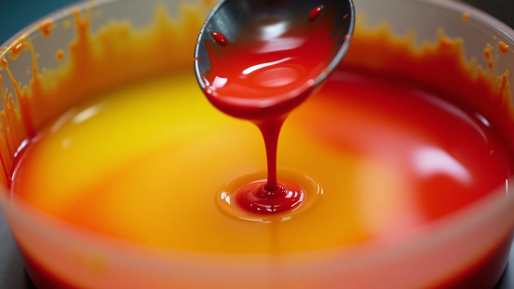 Mistura de tinta vermelha e amarela criando a cor laranja vibrante.