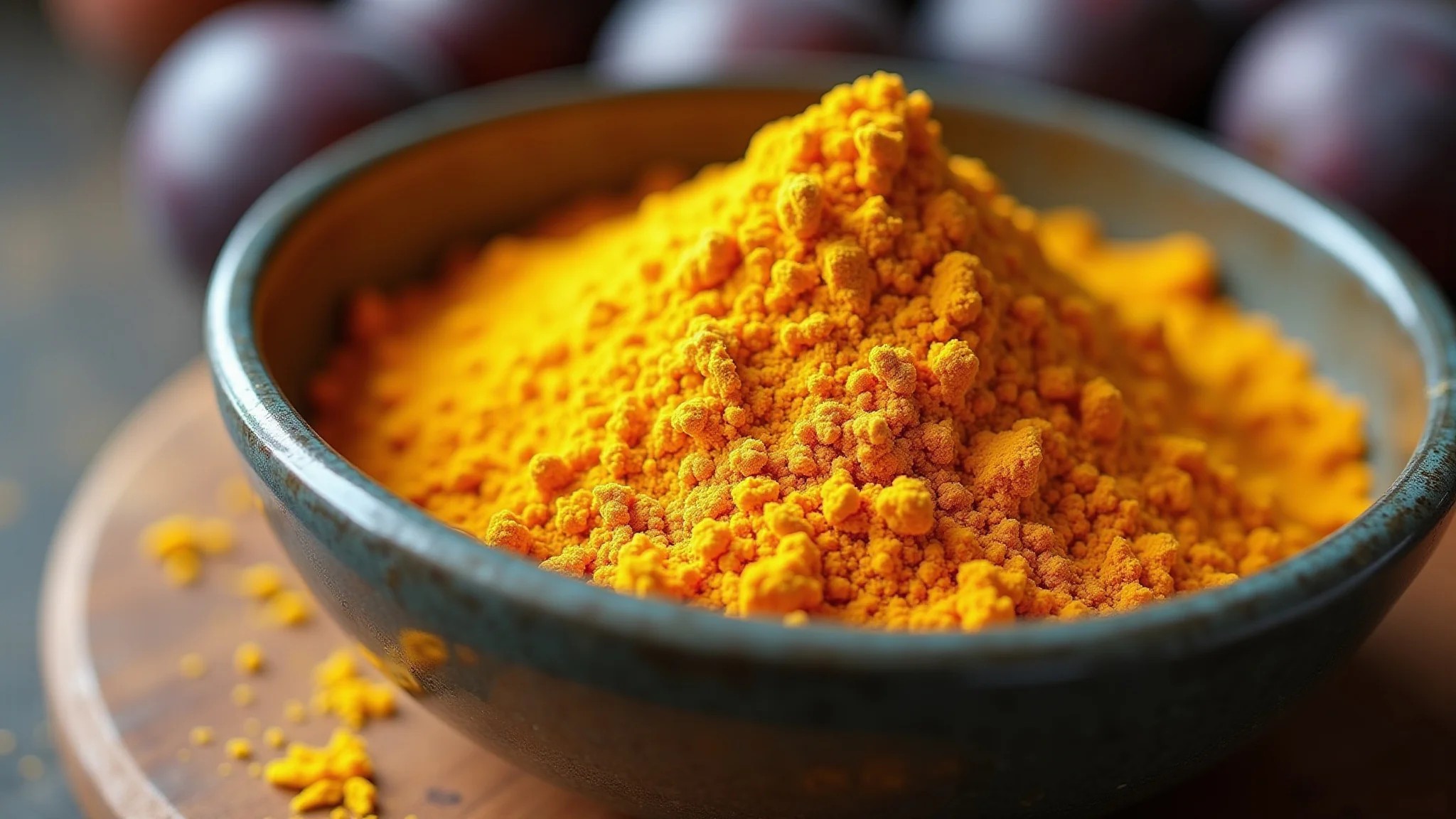 Farinha de maracujá em uma tigela rústica, cores vibrantes e luz natural.