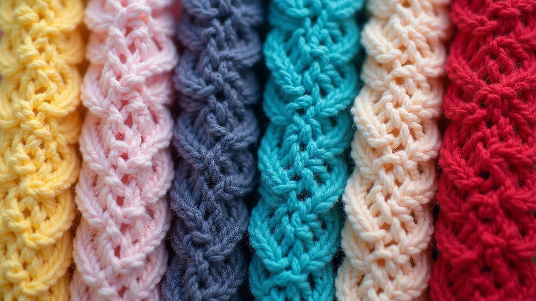 Detalhe dos pontos de crochê (pipoca, V, rede) em blusas de algodão coloridas.
