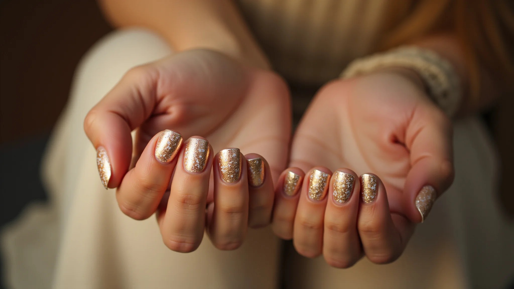 Detalhe das mãos de uma mulher exibindo unhas decoradas com folha de ouro, elegantes e sofisticadas.