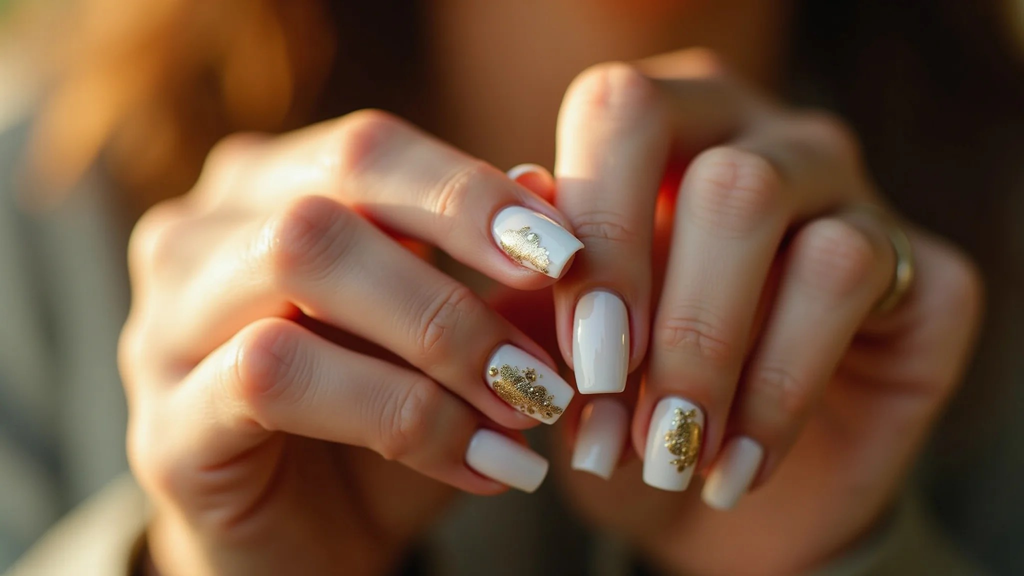 Detalhe de mãos femininas com unhas decoradas para o Ano Novo em branco e dourado.
