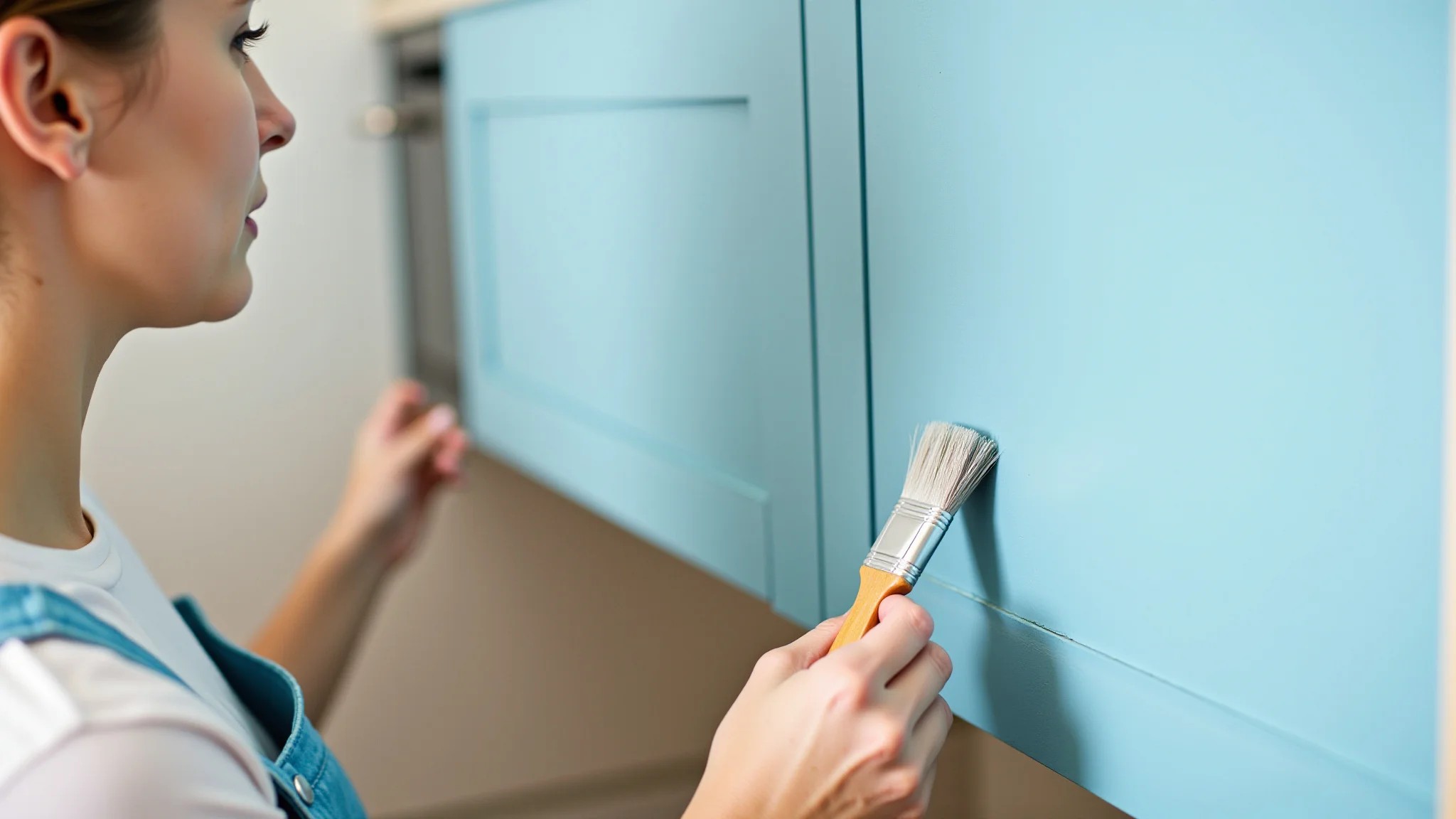 Mulher pintando armário de cozinha de azul claro, pincel na mão, projeto DIY.