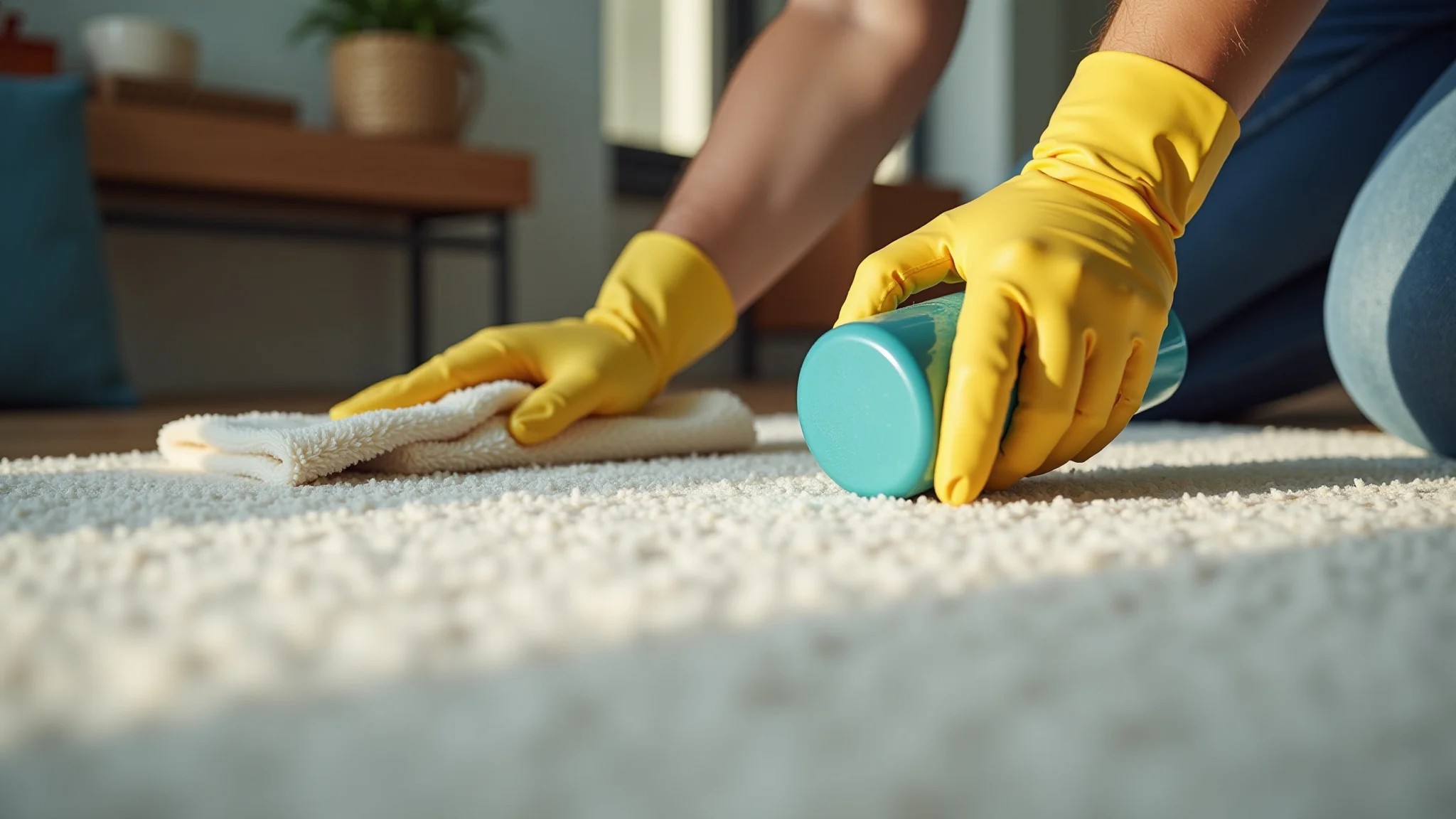 Teste de produto de limpeza em canto de tapete, luz natural, ambiente doméstico brasileiro.