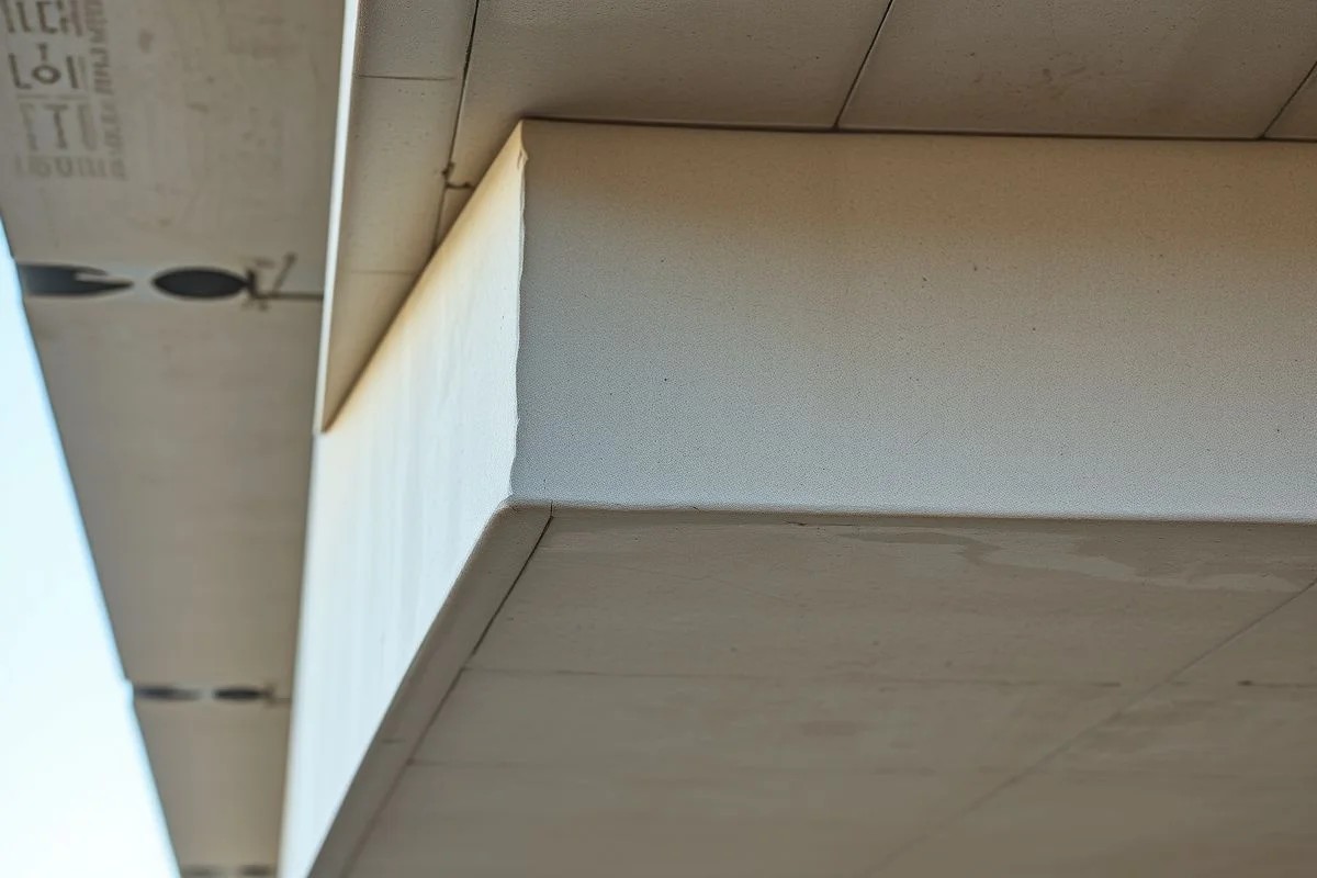 Detalhe de uma viga invertida de concreto com acabamento liso, mostrando o potencial estético para design exposto.