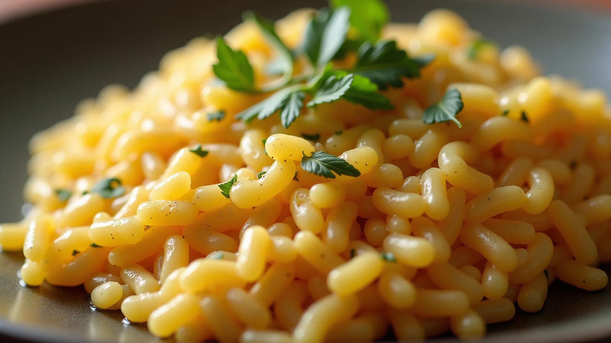 Arroz à grega cremoso com ervas frescas, destacando a textura e o sabor.