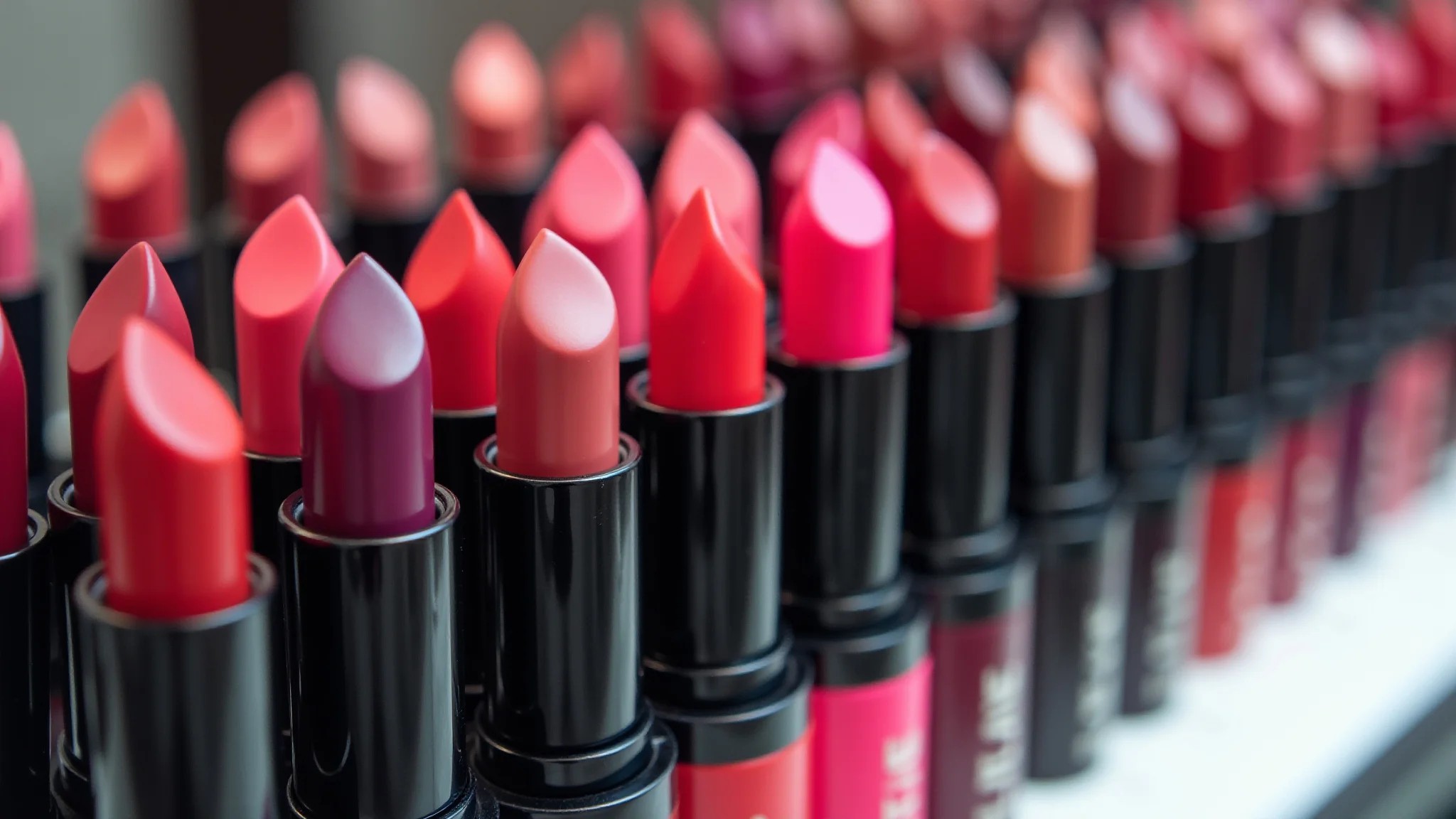 Variedade de batons Maybelline em um balcão de maquiagem com cores vibrantes.