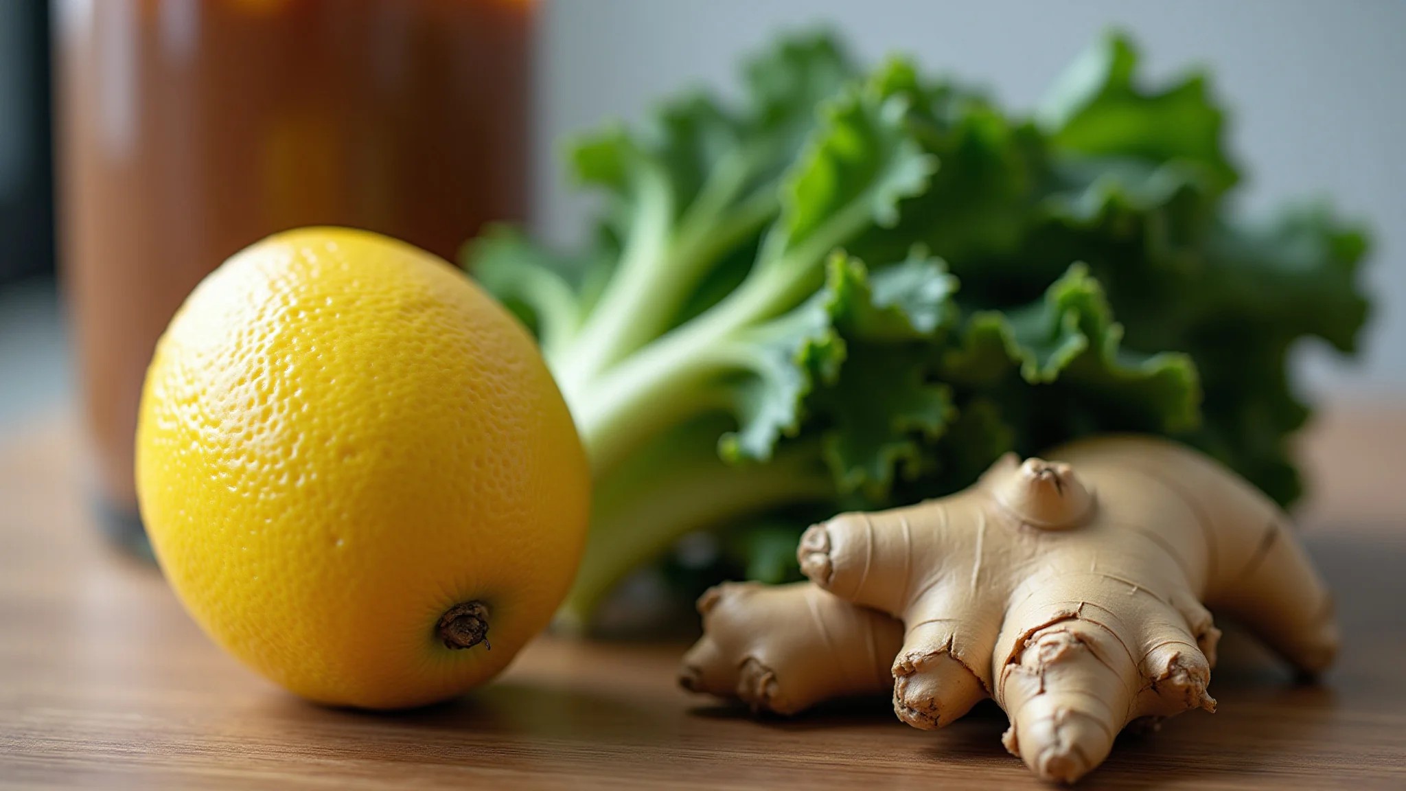 Ingredientes frescos para suco detox: couve, limão, gengibre, maçã, dispostos em mesa de madeira.
