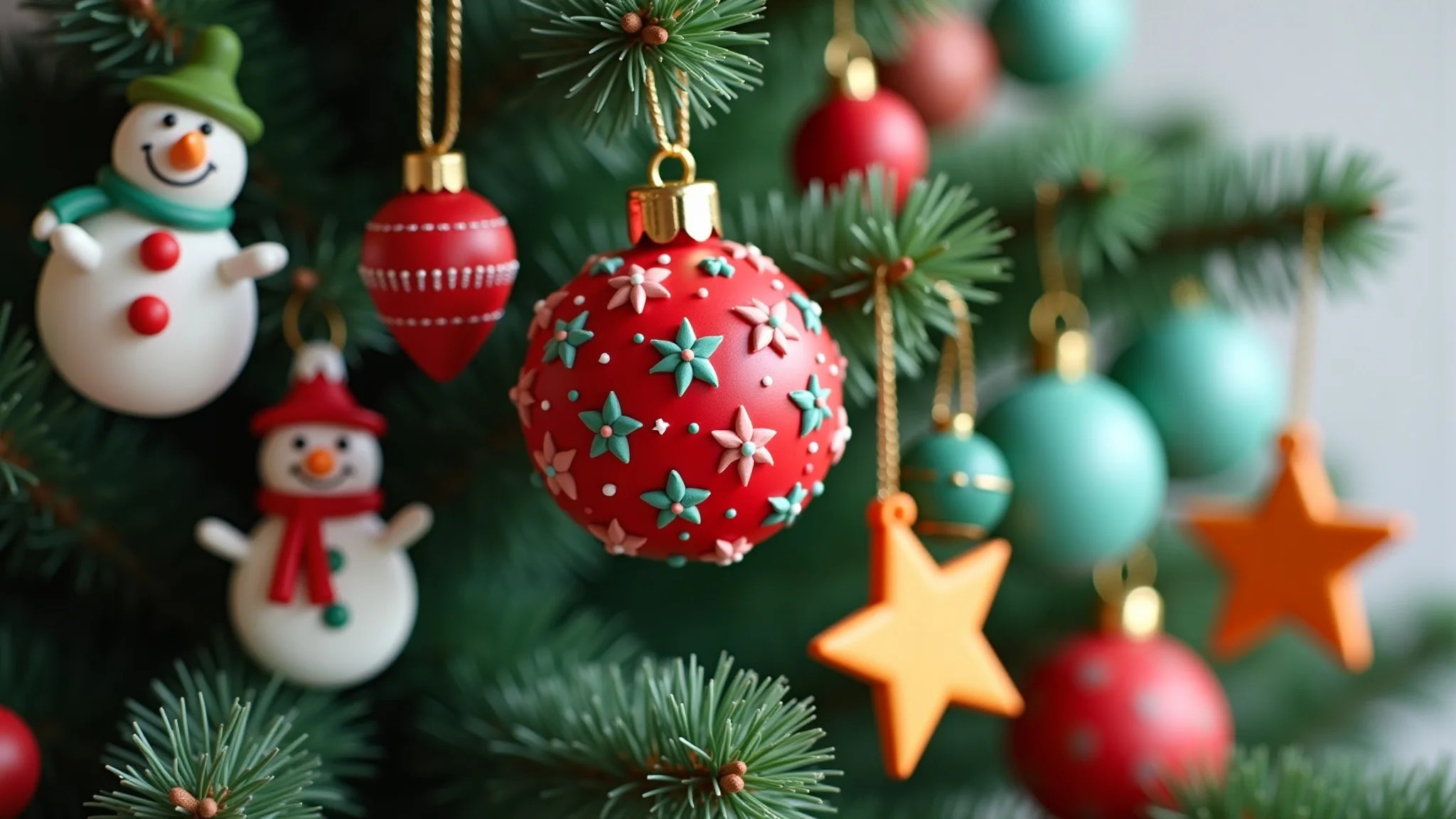 Árvore de Natal decorada com enfeites coloridos de cerâmica fria artesanais.