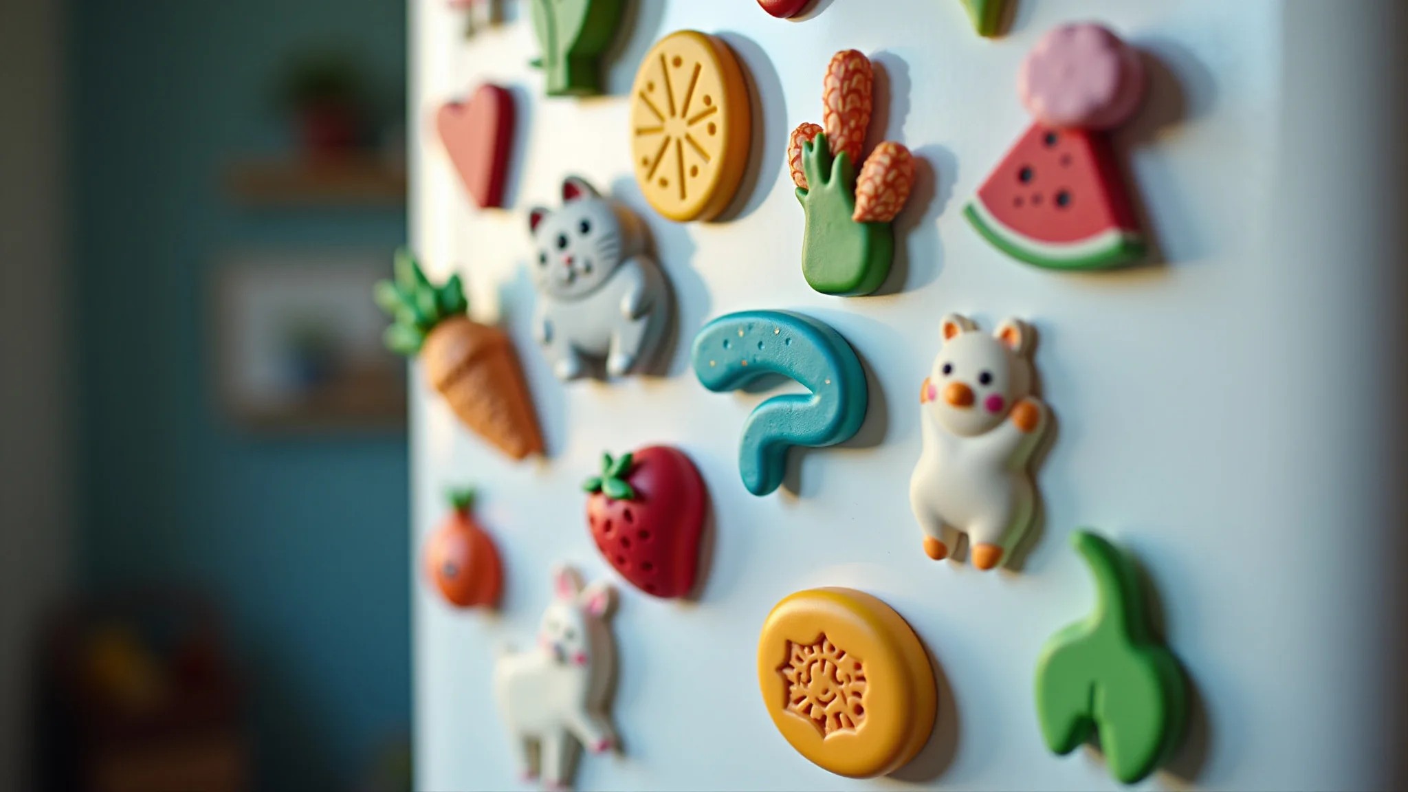 Geladeira com diversos imãs de cerâmica fria personalizados, coloridos e com designs únicos.