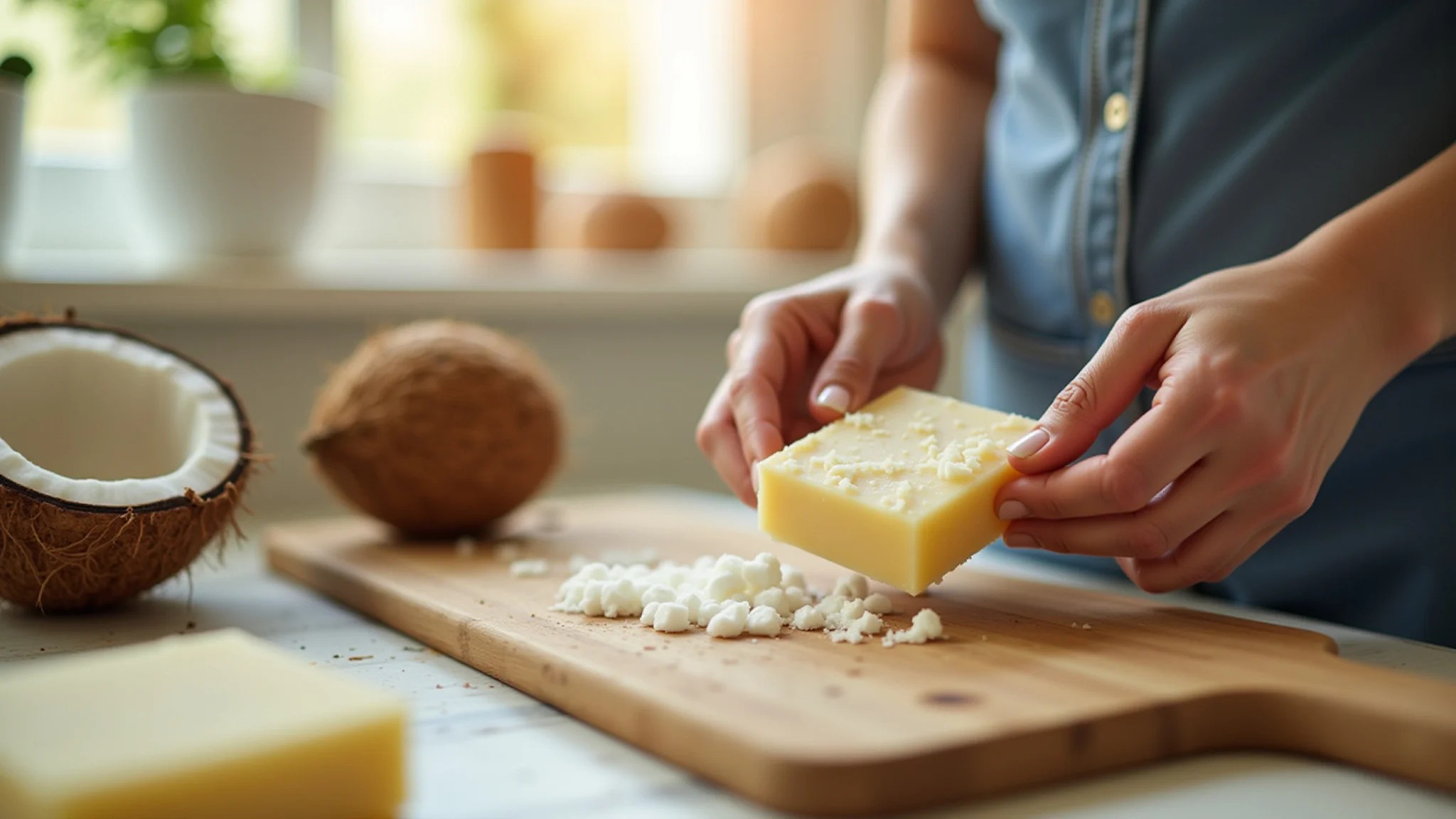 Mulher ralando sabão de coco em uma cozinha ensolarada para fazer sabão caseiro.