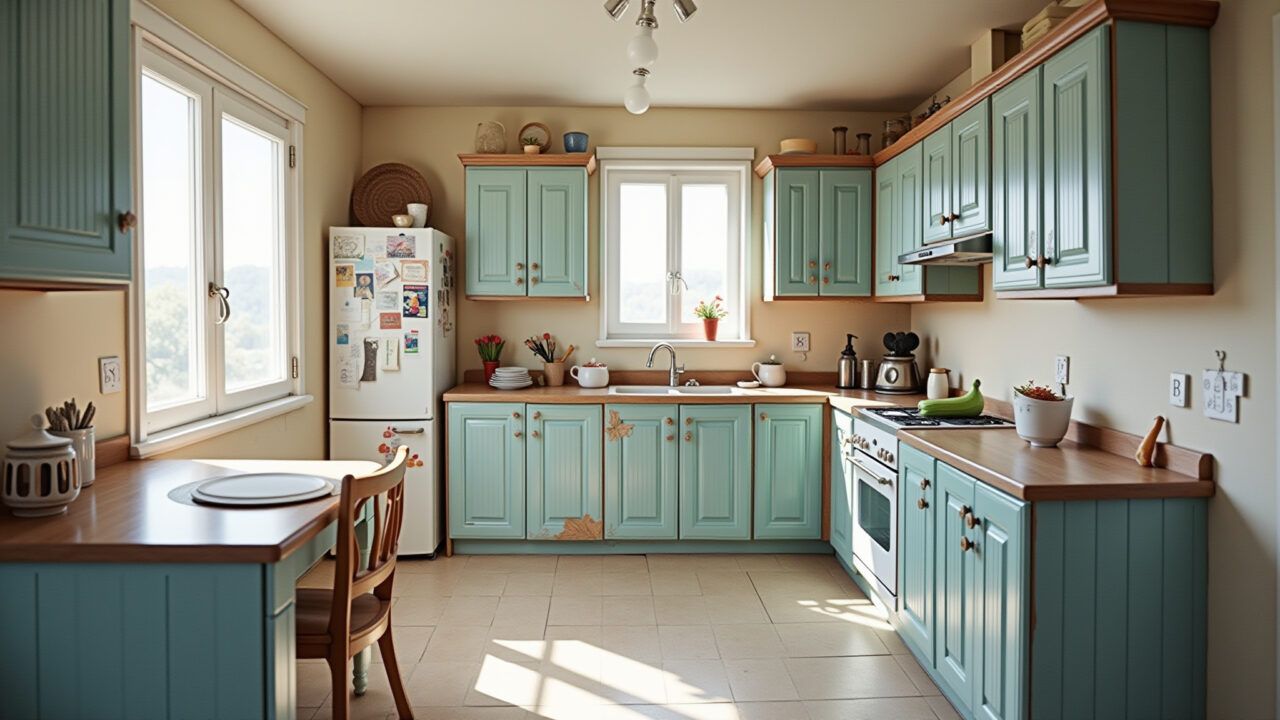 Coastal kitchen, MDF cabinets damaged by moisture, peeling paint, visible water damage, realistic, Armário de cozinha de MDF danificado pela umidade.