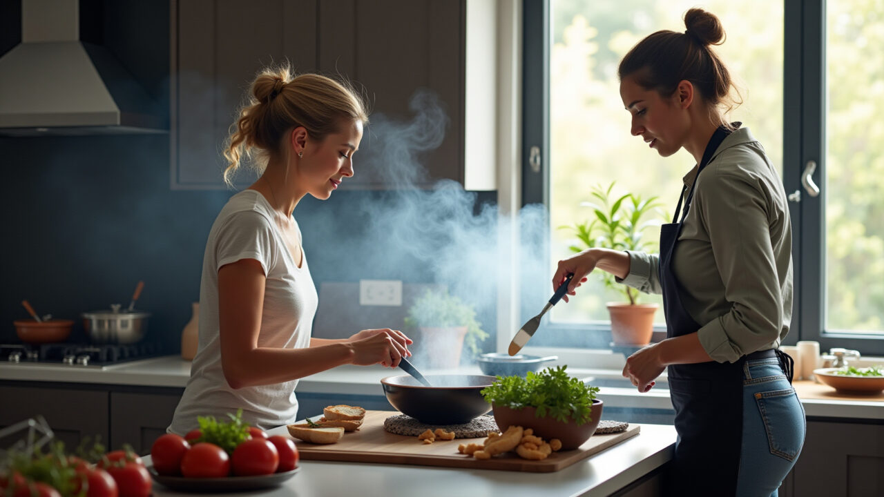 Coifa e depurador em ação na cozinha.