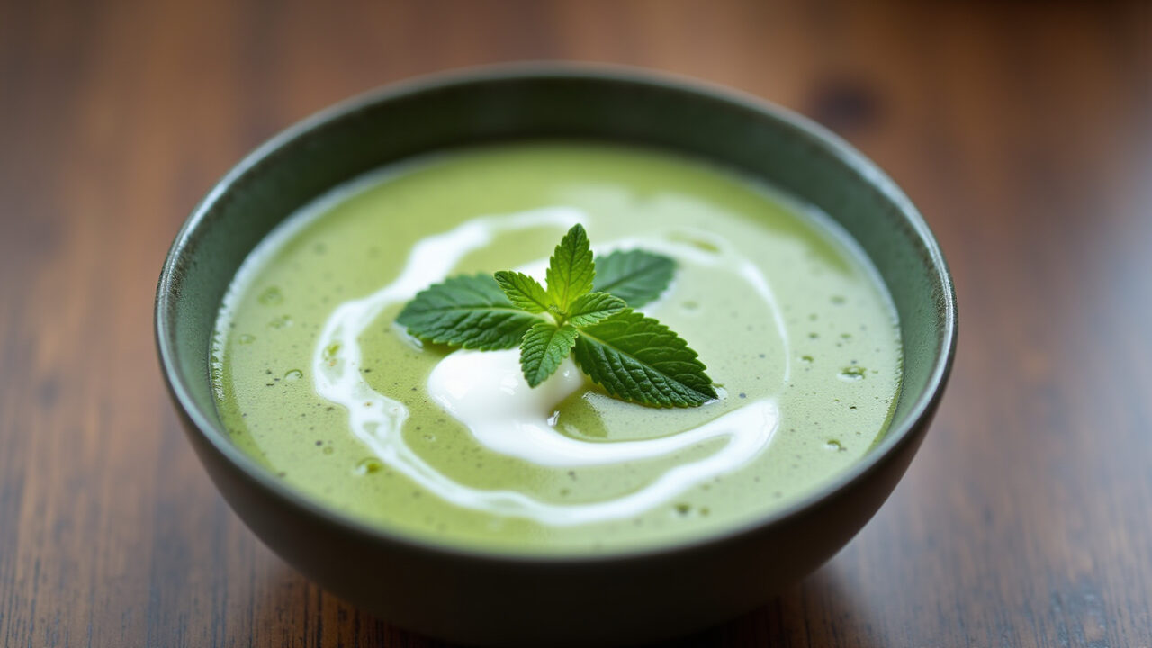 Sopa fria de pepino com hortelã e iogurte.