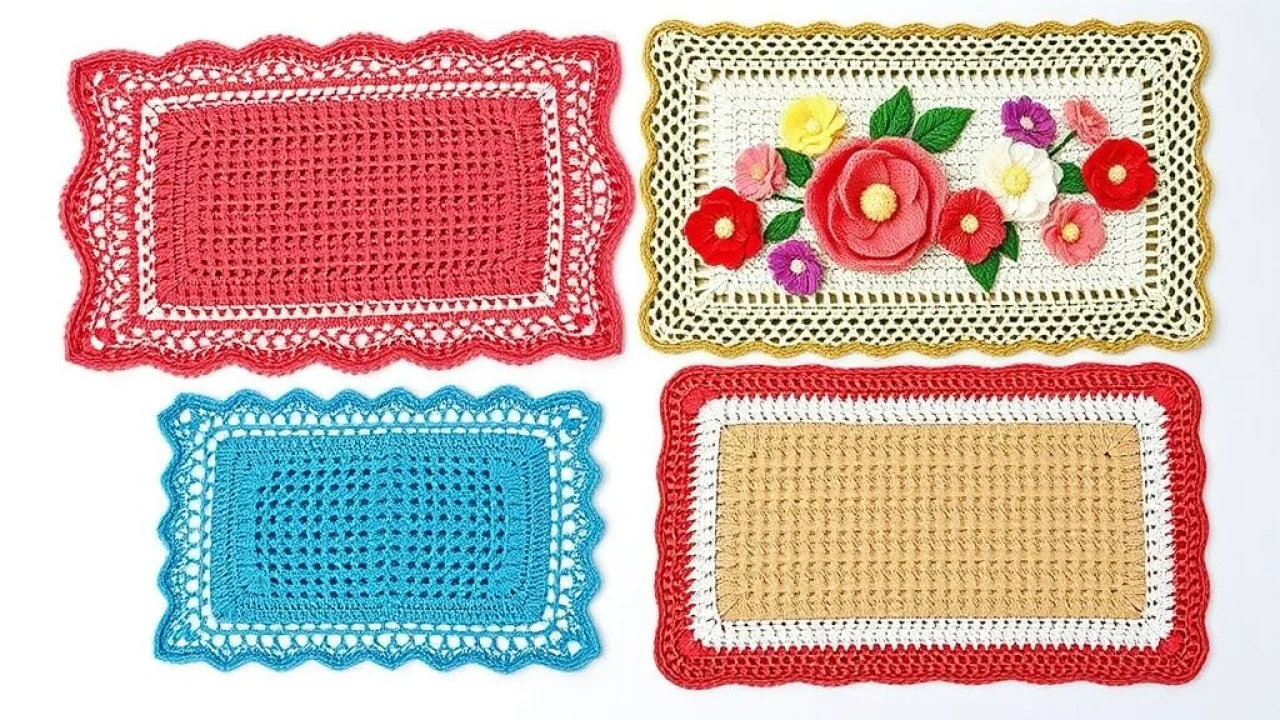 Collage of different rectangular crocheted placemat designs: one with lace border, another with Variedade de designs de sousplats de crochê retangulares: renda, flores e degradê.