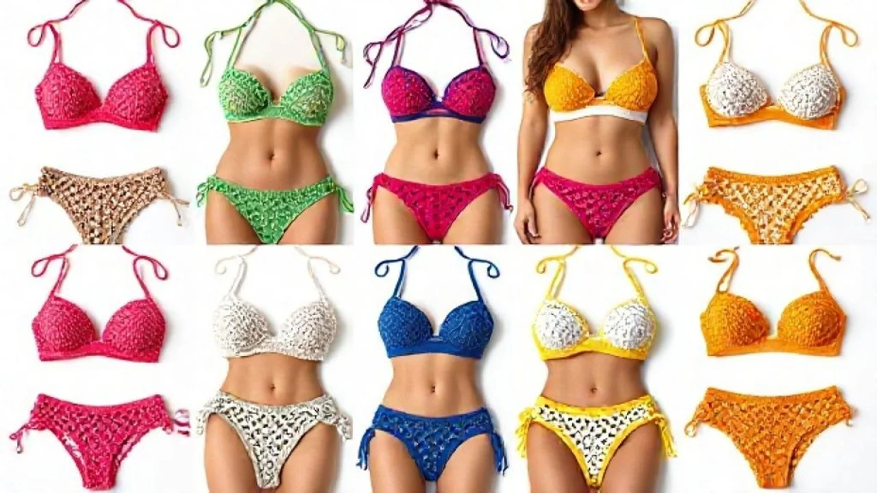 Collage of diverse crochet bikini designs: cortininha, cropped, fio dental, hot pants, professional Vários modelos de biquíni de crochê: cortininha, cropped, fio dental, hot pants. Tendências.