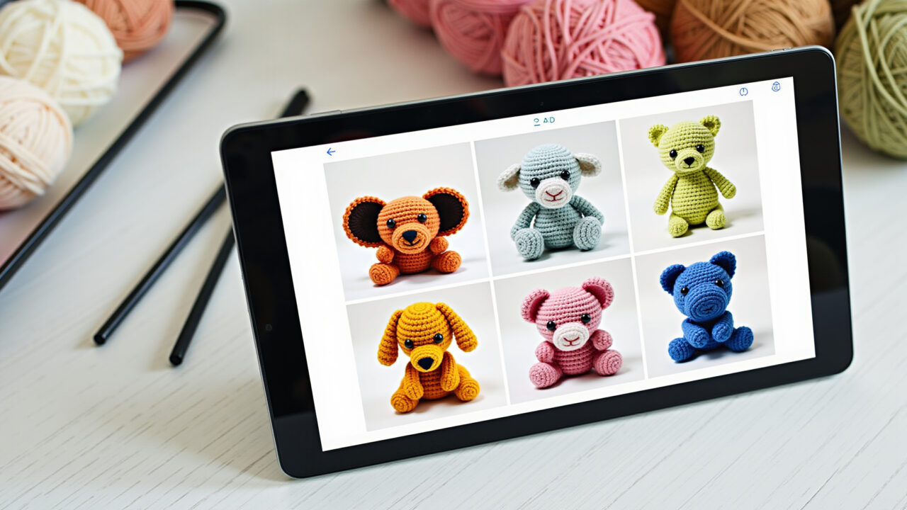 Collage of free amigurumi patterns on a tablet, yarn, crochet hooks, bright and organized Moldes de amigurumi grátis em um tablet.