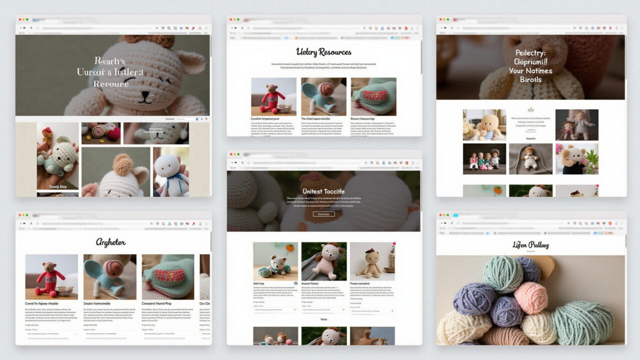 Collage of online resources for tapestry amigurumi inspiration, websites, social media, yarn, Inspiração para amigurumi com fio conduzido online.