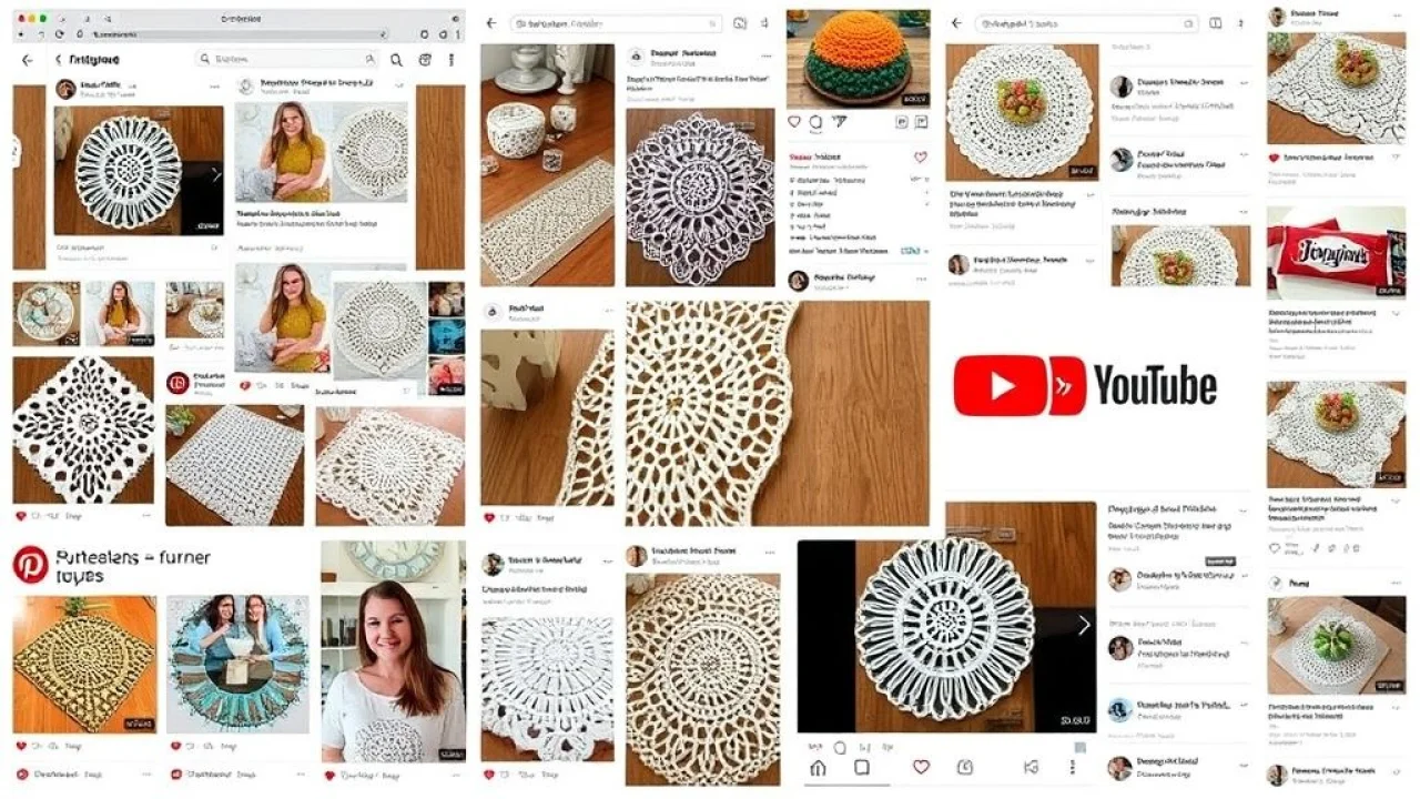 Collage of screenshots showcasing Pinterest, Instagram, and YouTube interfaces displaying various Inspirações e gráficos de caminhos de mesa de crochê floral: Pinterest, Instagram, YouTube.