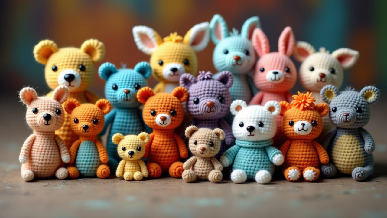 Collection of amigurumi animals, diverse species, colorful yarn, playful scene, professional Coleção de amigurumis de animais fofos.