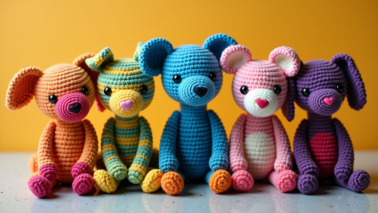 Colorful amigurumi animals with unique patterns created using tapestry crochet, vibrant background, Ideias criativas com amigurumi e fio conduzido.