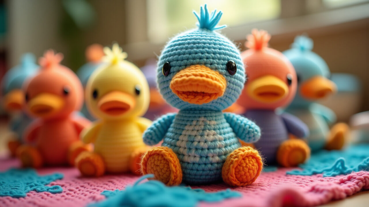 Colorful amigurumi duck patchwork, vibrant yarn mix, handmade, 8k, sharp focus, professional Amigurumi pato colorido vibrante