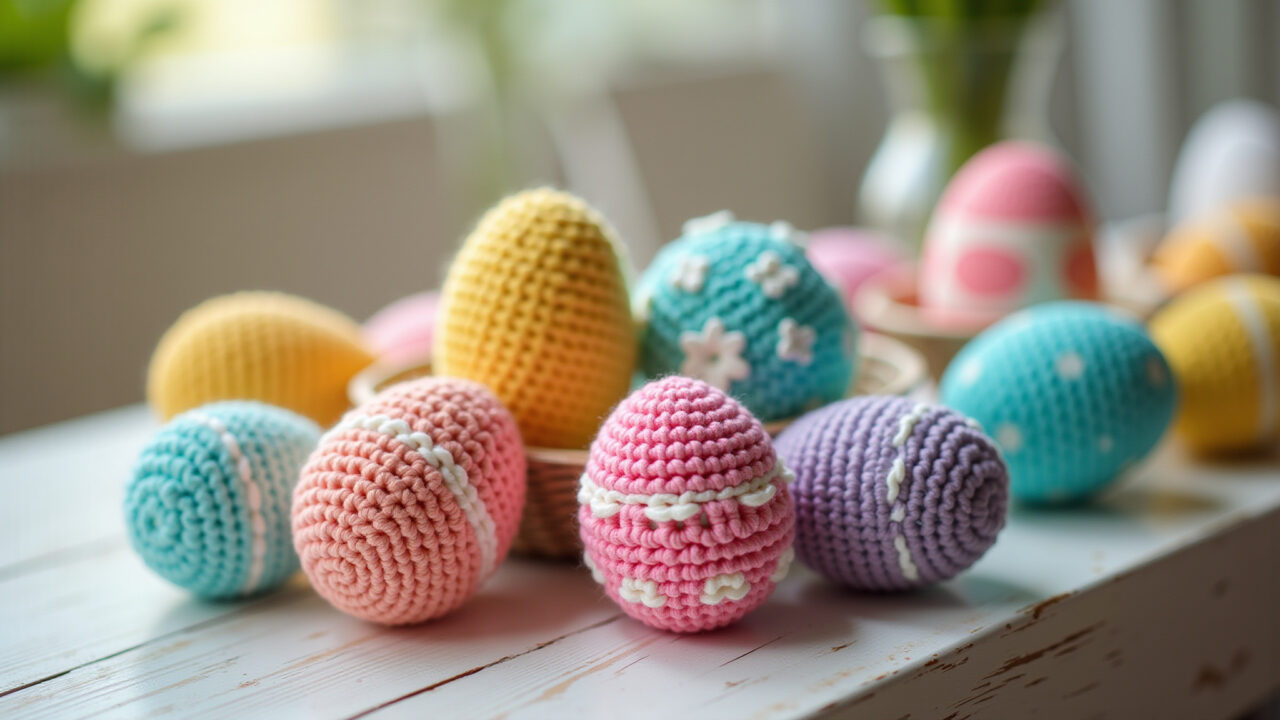 Colorful amigurumi Easter eggs, decorative, various patterns, table setting, natural light, 8K Ovos de Páscoa de amigurumi coloridos, decoração.