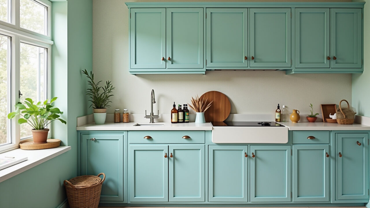 Colorful classic kitchen, pastel blue cabinets, mint green walls, balanced harmony, 8k, lifestyle Cozinha clássica com cores suaves como azul pastel e verde menta.