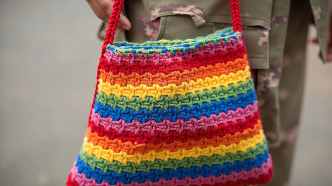 Bolsa infantil de crochê listrada com as cores do arco-íris.