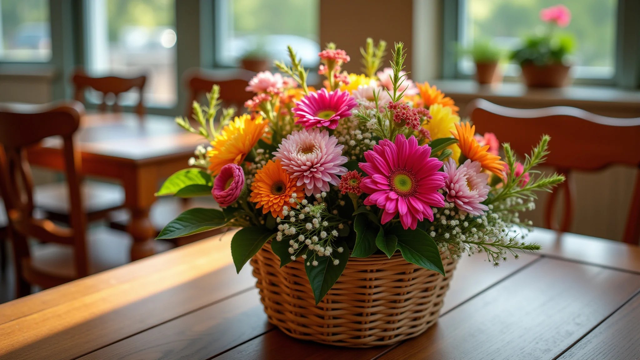 Arranjo colorido para mesa de jantar com flores mistas em uma cesta de vime.