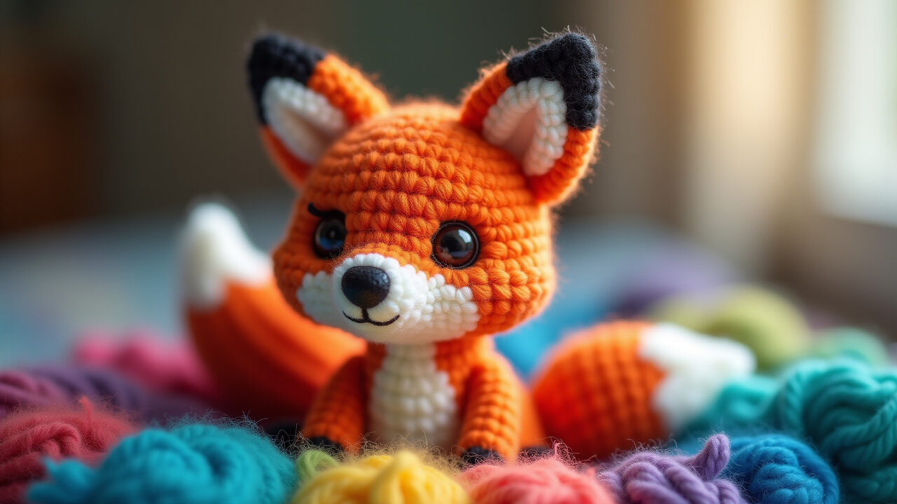 Amigurumi de raposa colorida, explosão de alegria.