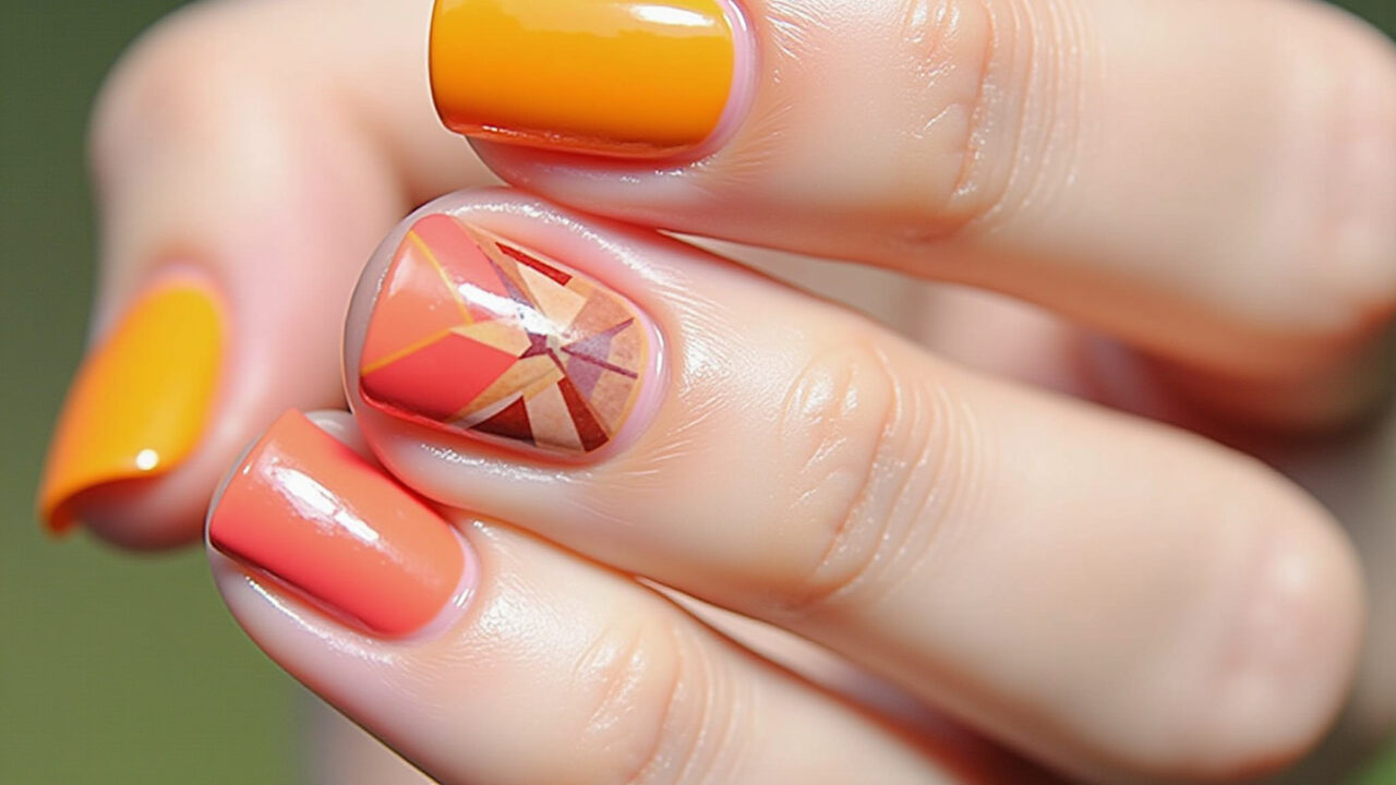 Colorful geometric nail art, summer 2026, triangles, squares, vibrant orange, yellow, pink, neutral Unhas geométricas coloridas: triângulos, quadrados e listras vibrantes.