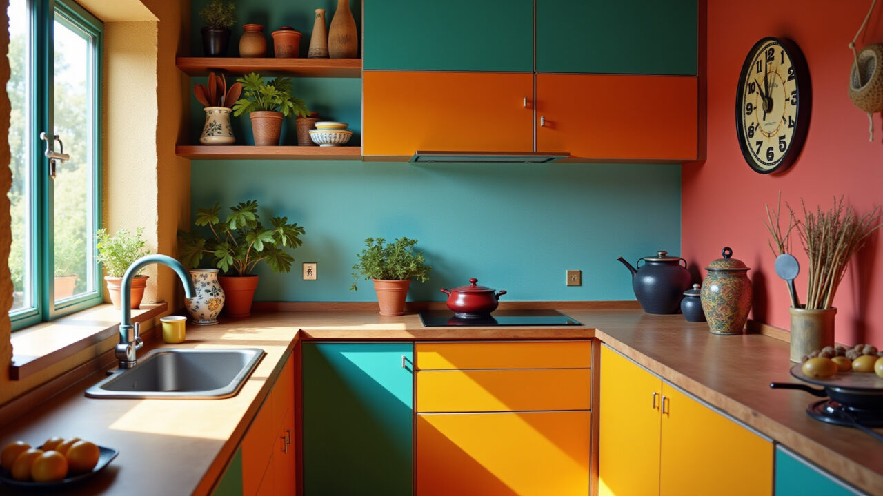 Colorful kitchen, vibrant colors, bold cabinets, eclectic utensils, professional photography, 8K Cozinha colorida com armários vibrantes e utensílios diversos.