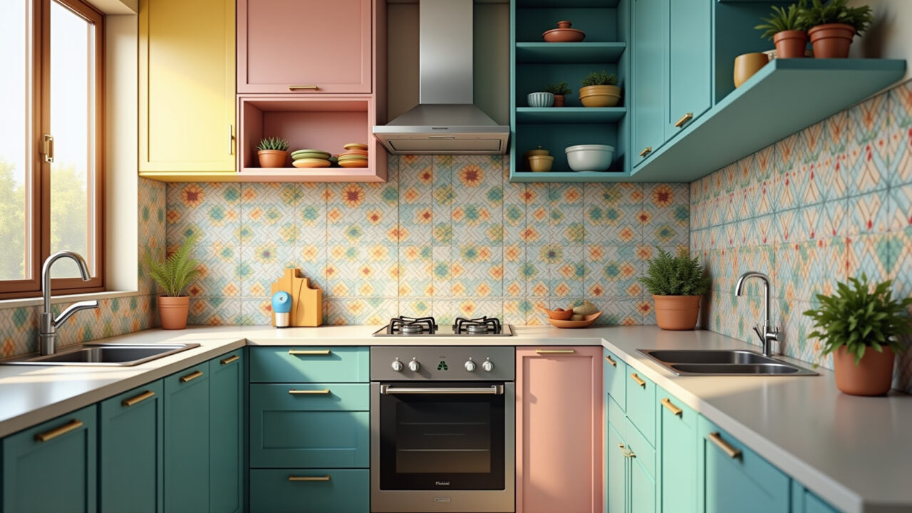 Colorful kitchen with patterned tile stickers, natural light, 8K quality, professional photography, Cozinha colorida com adesivos de azulejo estampados.