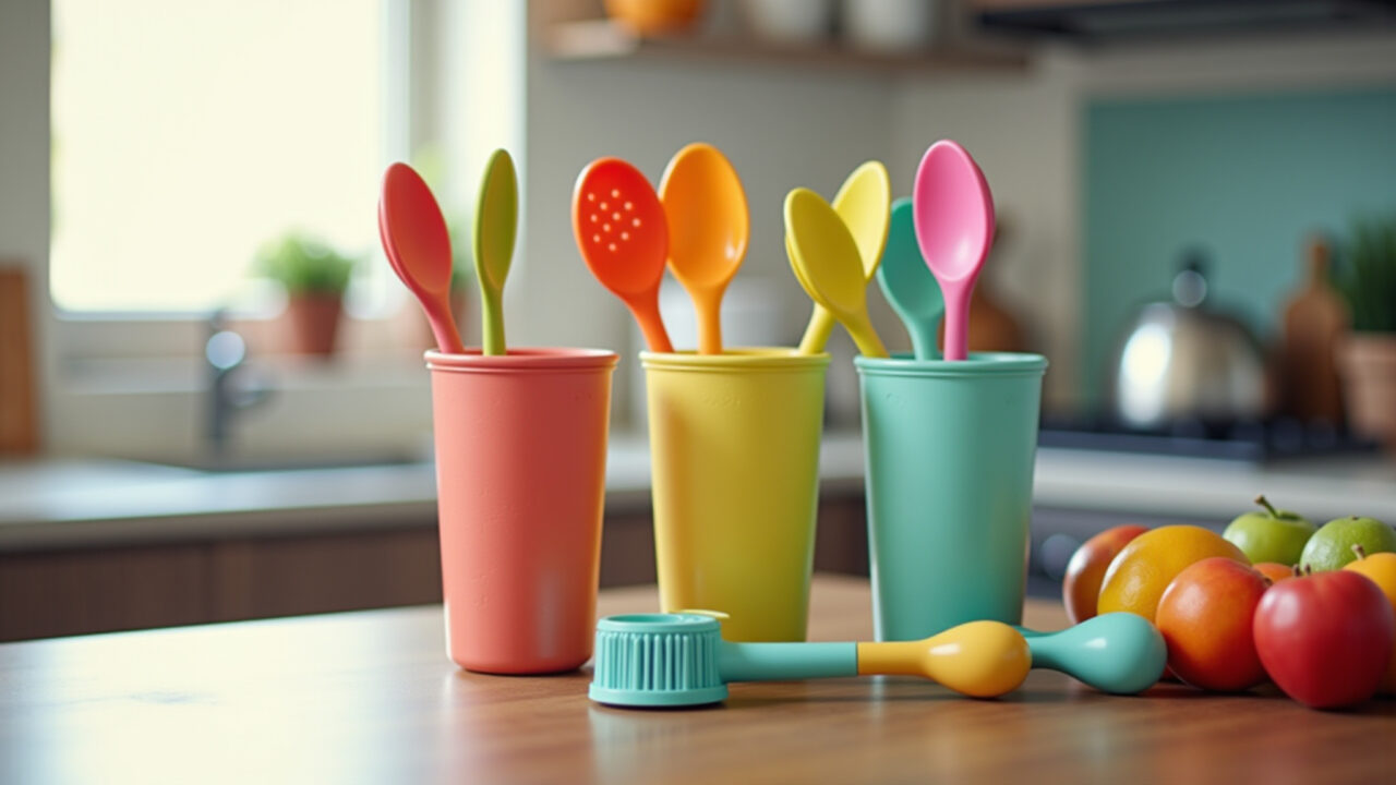 Utensílios de silicone coloridos em cozinha moderna.