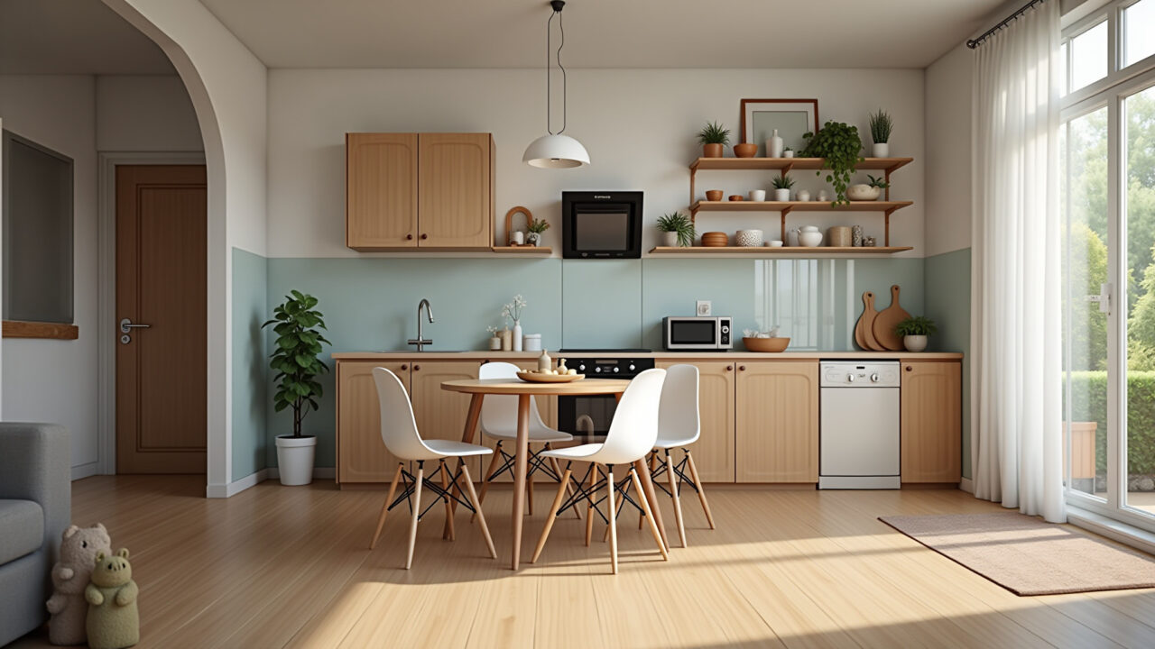 Comfortable kitchen, vinyl floor, thermal comfort, barefoot, natural light, 8K quality, Conforto térmico do piso vinílico na cozinha.