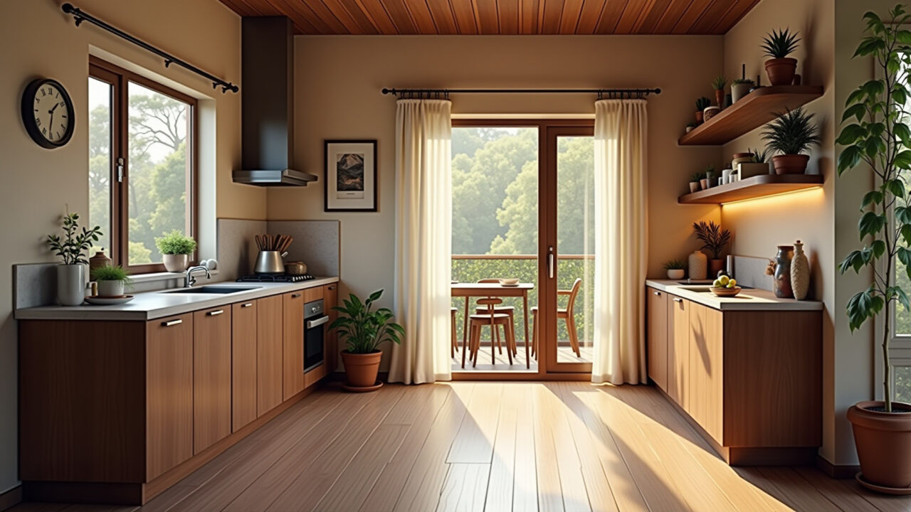 Comfortable kitchen, vinyl floor, warm tones, cozy atmosphere, Brazilian design elements, natural Cozinha aconchegante com piso vinílico amadeirado.