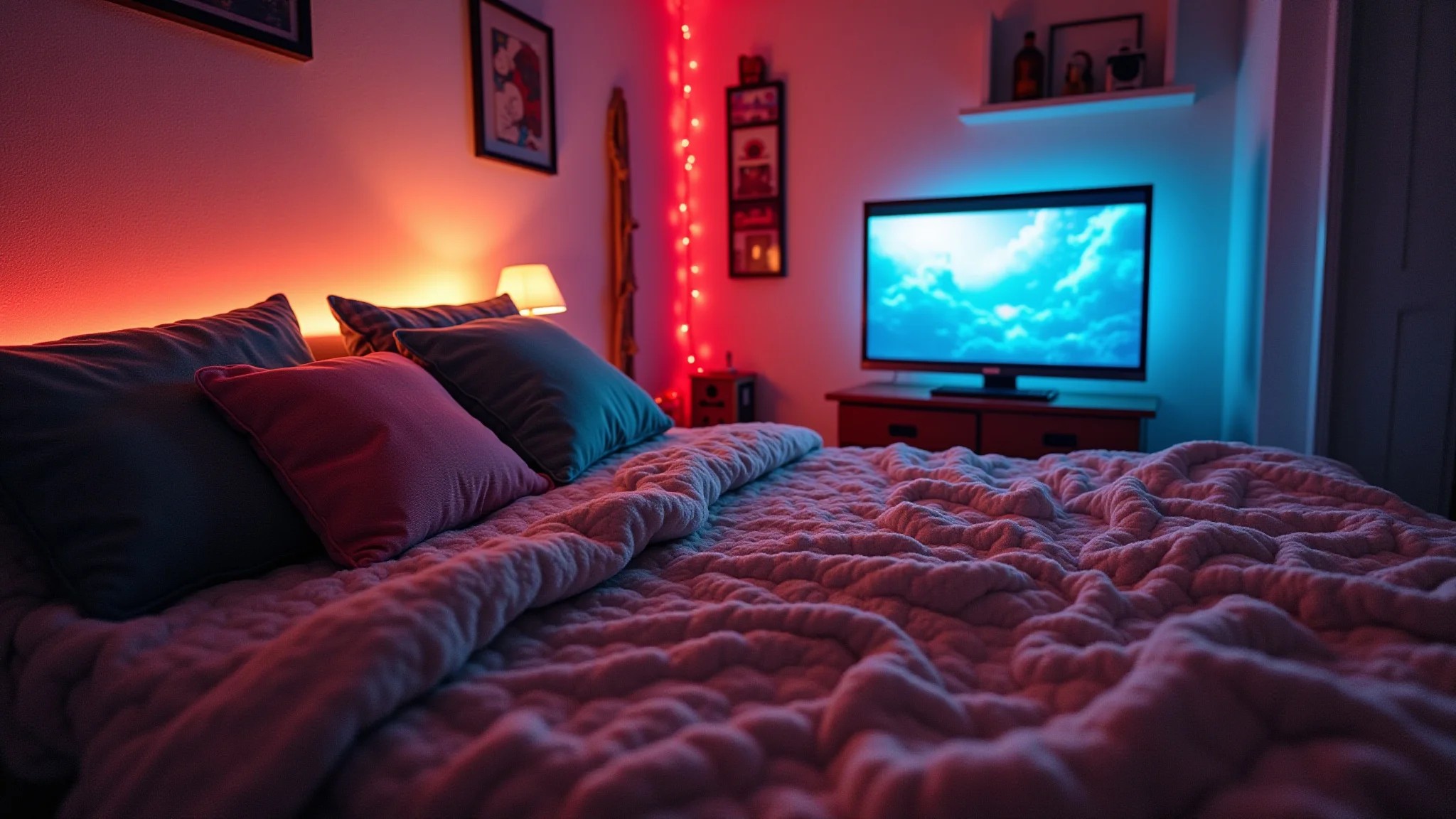 Almofadas e mantas confortáveis em quarto gamer aconchegante.