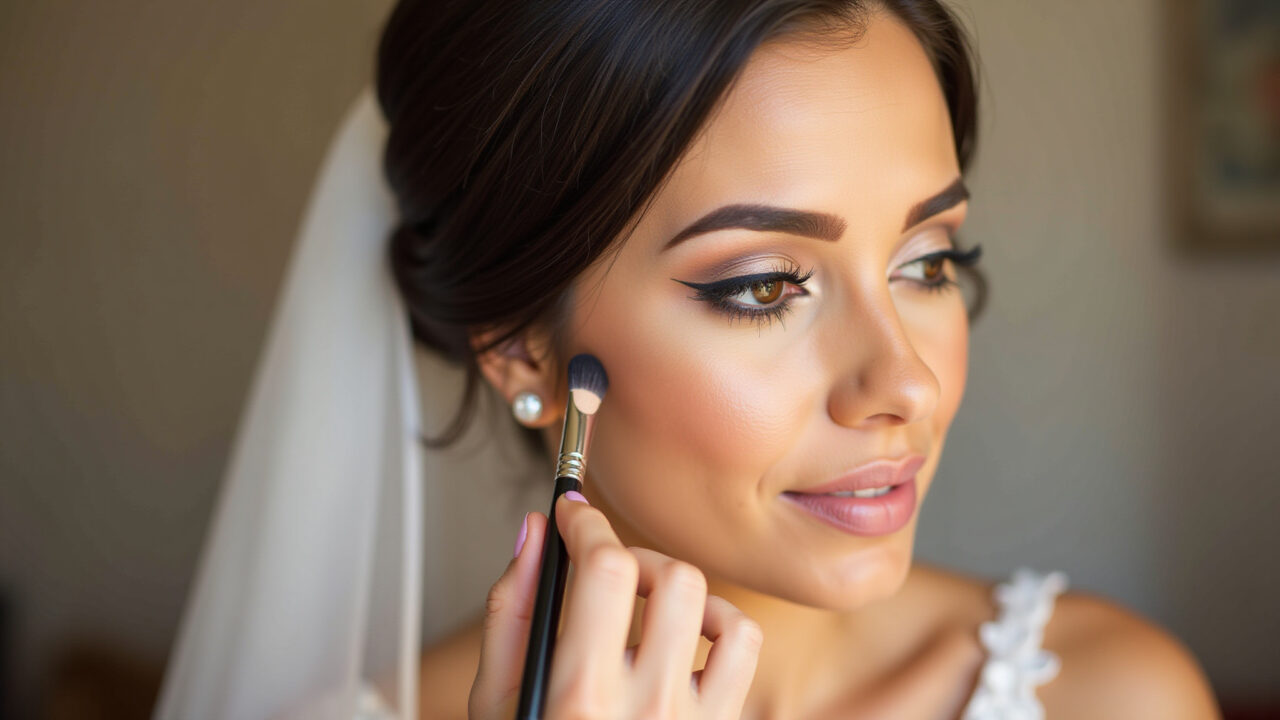 Commercial photography, 8K: Brazilian bride applying highlighter, soft light, radiant skin, natural Noiva brasileira aplicando iluminador para maquiagem de casamento simples.