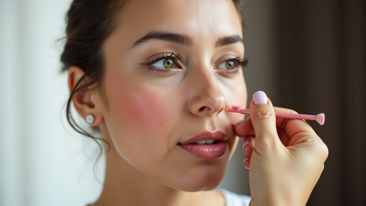 Commercial photography, 8K: Brazilian woman applying blush, natural light, healthy skin, simple Mulher brasileira aplicando blush para maquiagem de casamento simples.