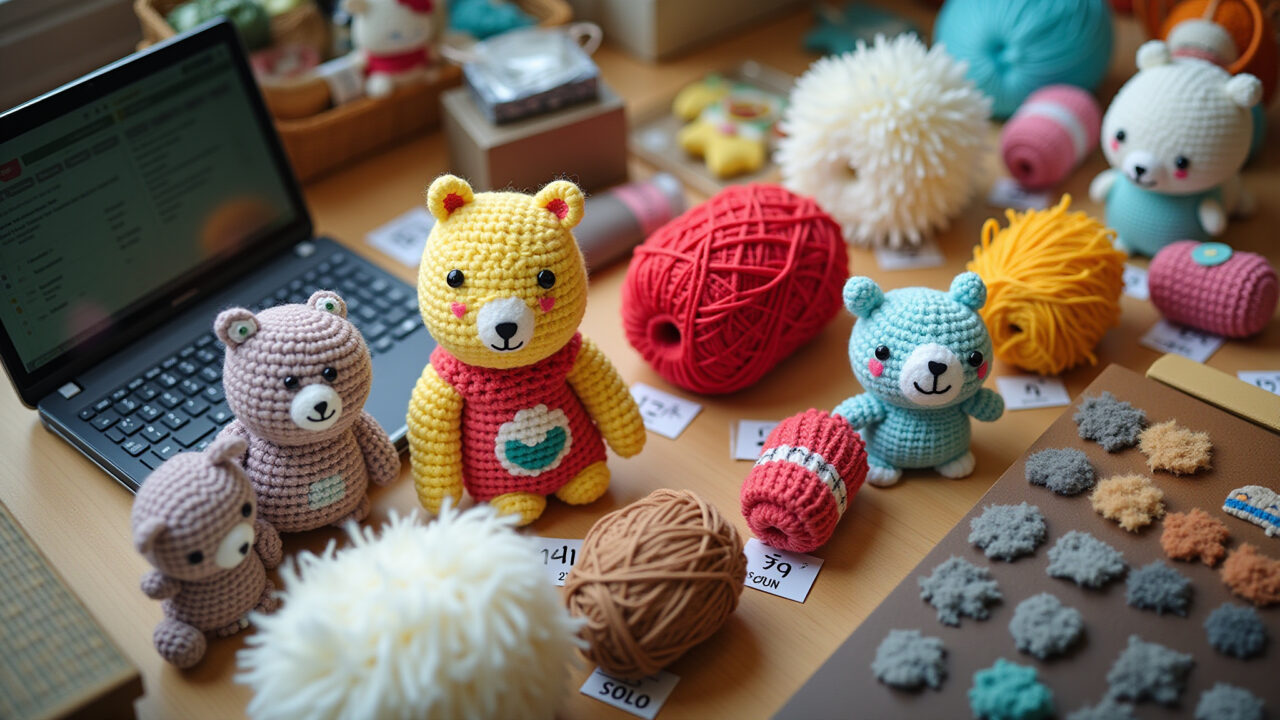 Commercial photography, amigurumi materials (yarn, stuffing, eyes) organized, price tags, Materiais de amigurumi organizados com etiquetas de preço.