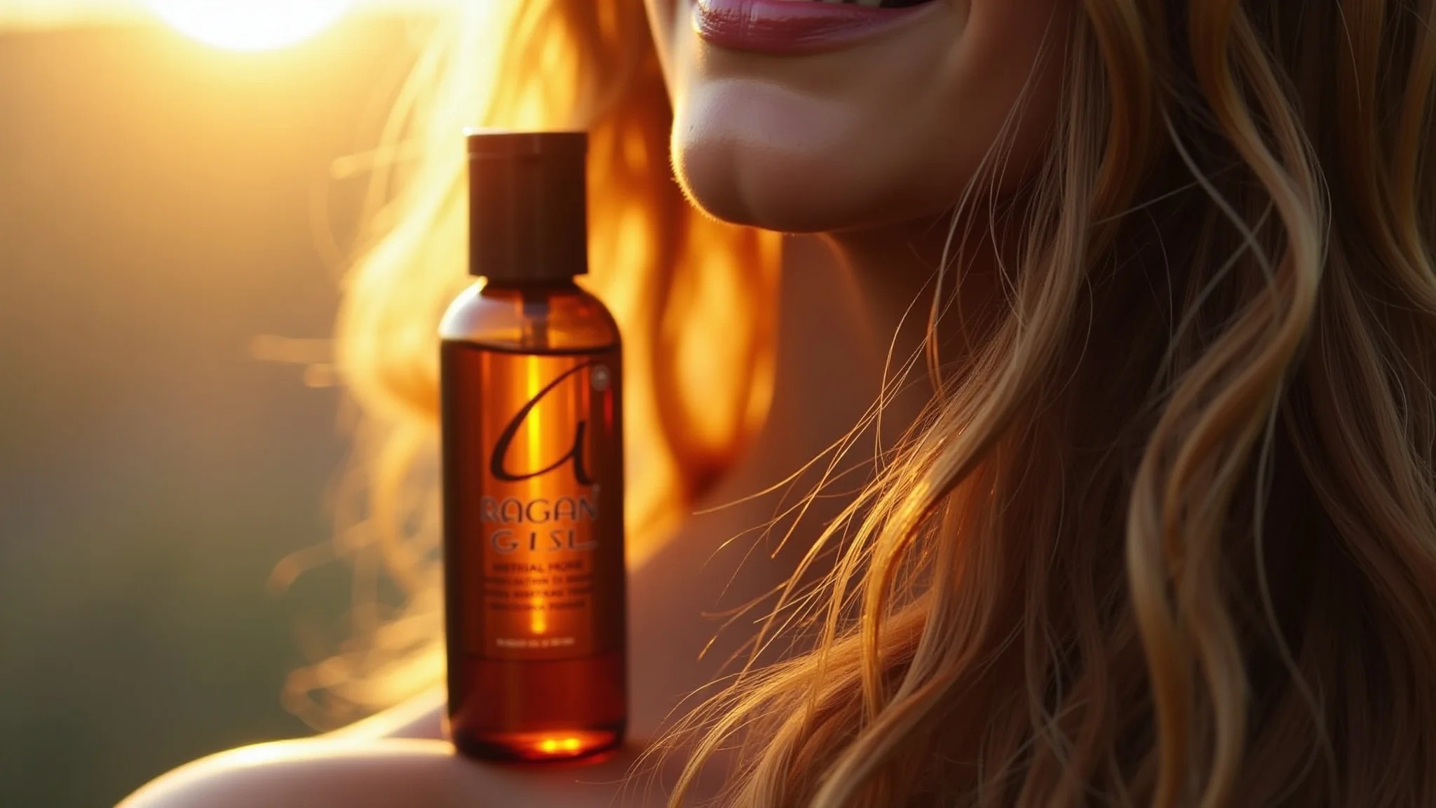 Frasco de óleo de argan com reflexos dourados, cabelo brilhante e saudável ao fundo.
