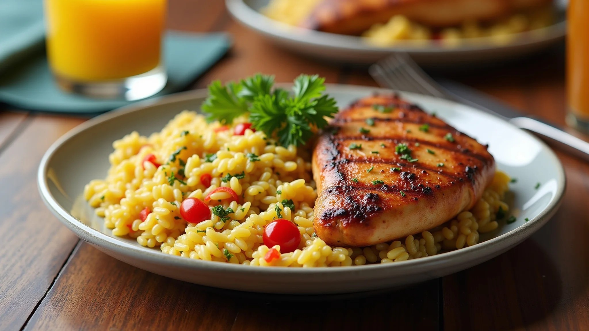 Arroz à grega servido como acompanhamento de frango grelhado em um almoço brasileiro.